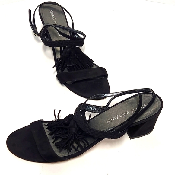 Stuart Weitzman Black Tasselmania Suede Block Heel Sandals - Picture 3 of 12